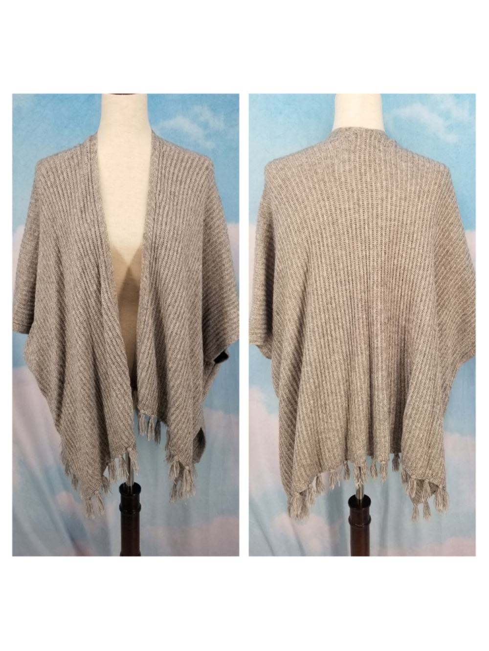 American Eagle Poncho One Size Gray Tassel Fringe Knit Wrap Sweater